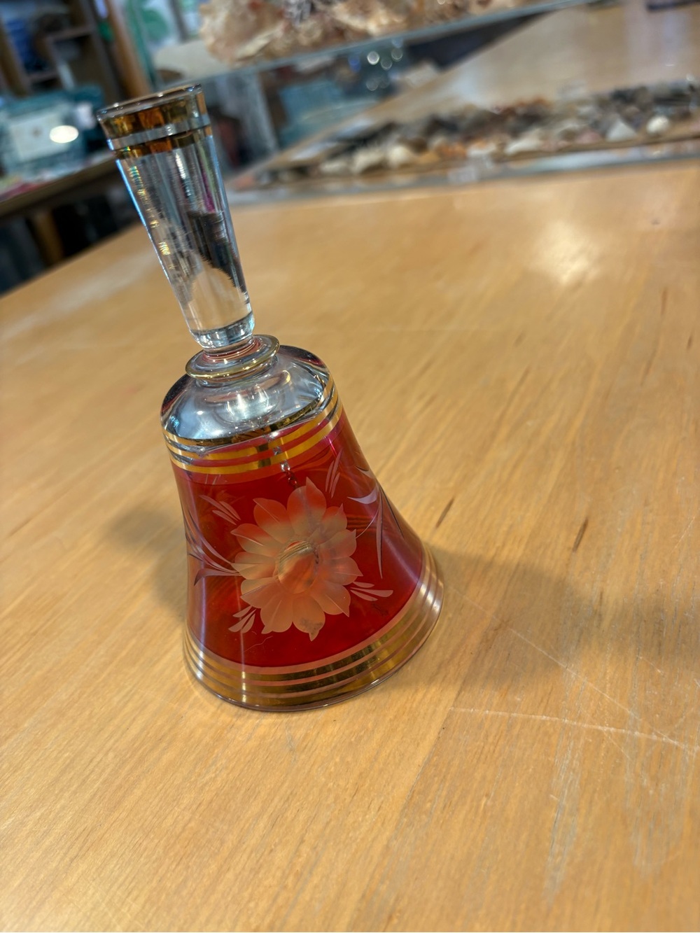 Source Unknown ~ Cranberry Red Glass Bell Etched Floral Motif Gold Bohemian